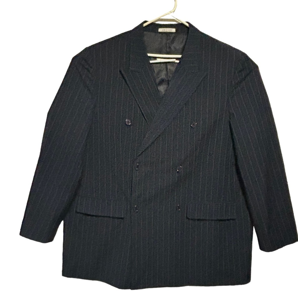 King’s Court Double breasted Pin Striped Suit Jacket 6 button Navy Blue White 50